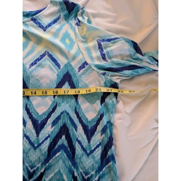 Chicos Top Womens sz L/2 Blue Aqua Zigzag Stripe Blouse 3/4 Sleeve Stretch Beach - Picture 9 of 10